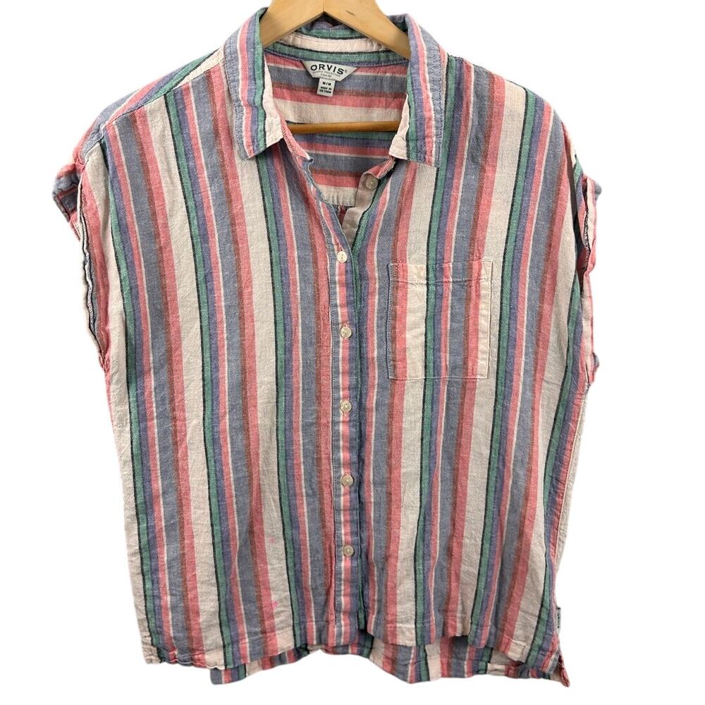 Orvis Linen Blend Striped Button Front Shirt Women’s M Short Sleeve Top
